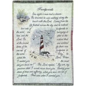 FOOTPRINTS IN THE SAND Throw Blanket Afghan  48 x 56" Fringe Religious